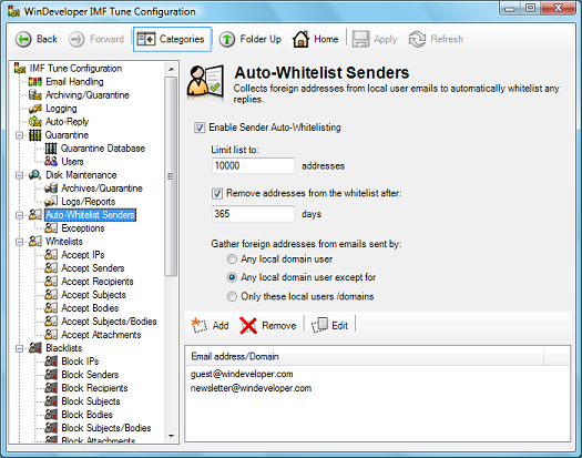 Auto-Whitelist Sender Configuration
