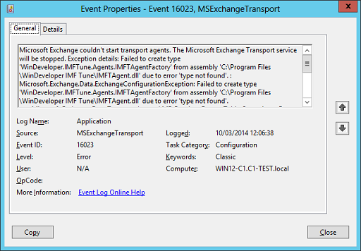 MSExchangeTransport Event 16023